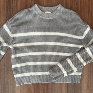 H&M Gray and White Striped Crew Neck Sweater